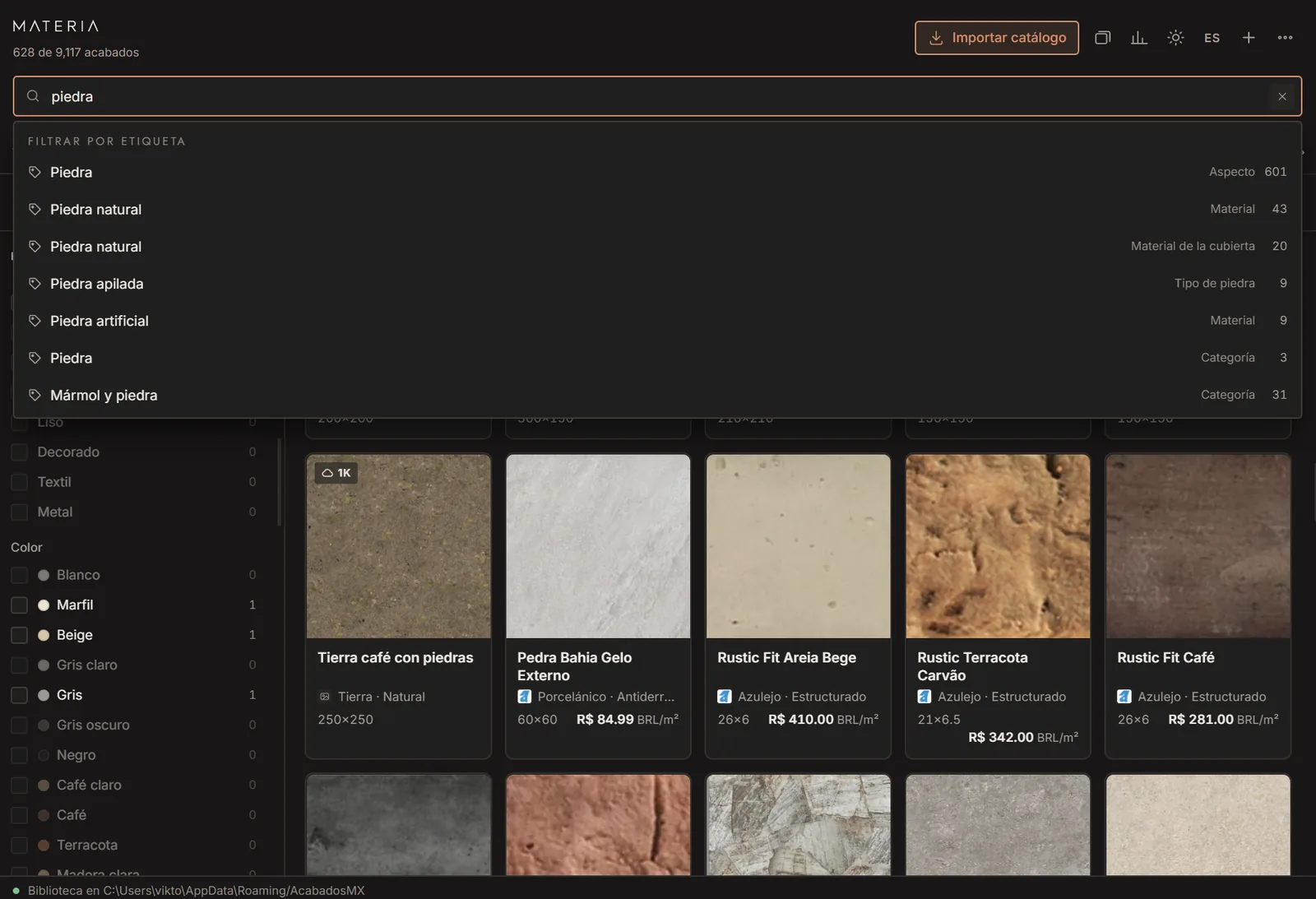 Buscas "piedra" y MATERIA te sugiere etiquetas: piedra natural, apilada, artificial…