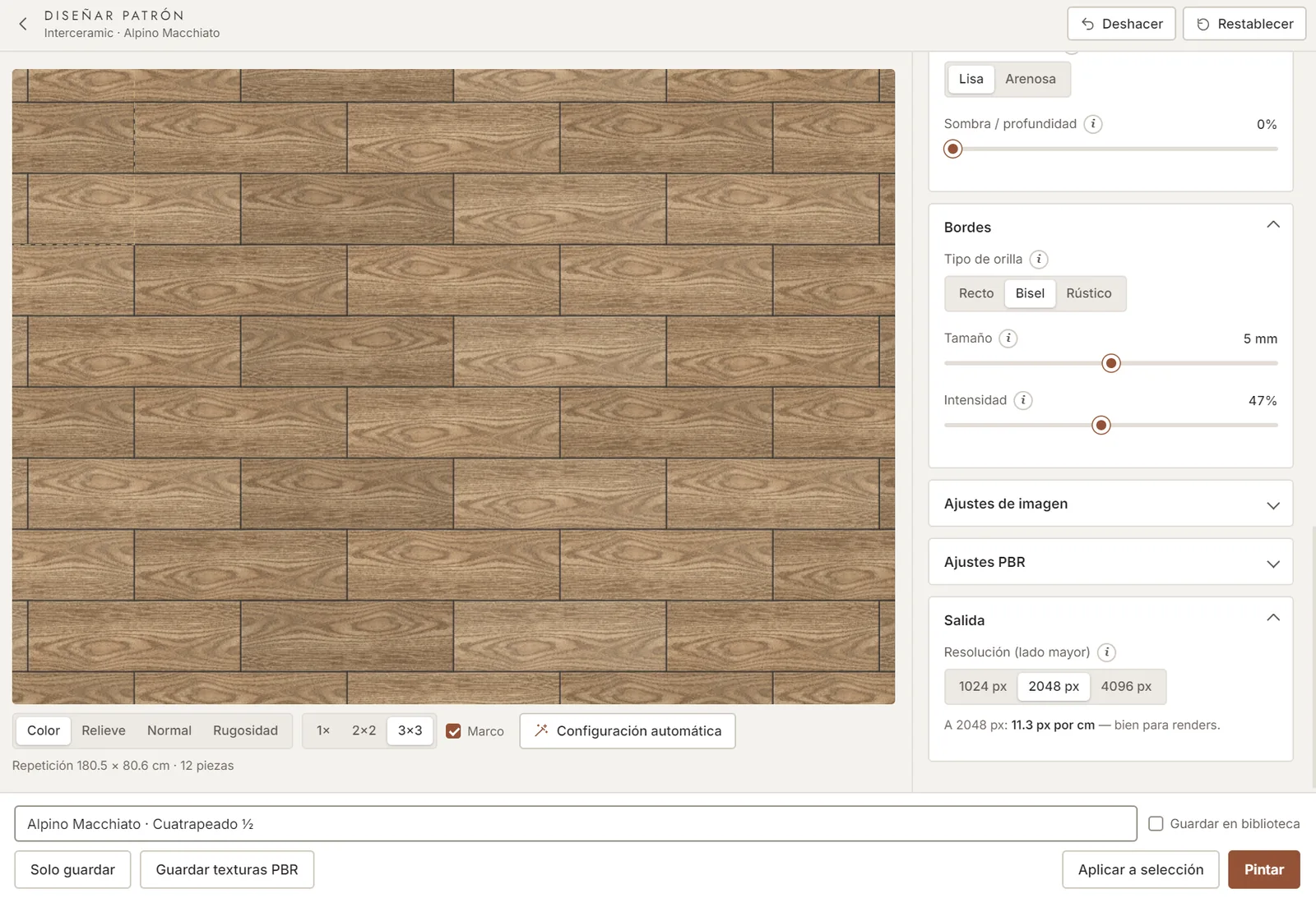 Bordes con bisel, sombra y relieve: la textura sale lista para render a 2048 o 4096 px.
