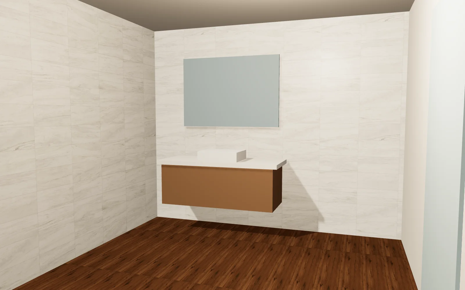 Baño: porcelánico Black Forest Bosberg Espresso 20 × 120 cm y muros Avalon Omega White.